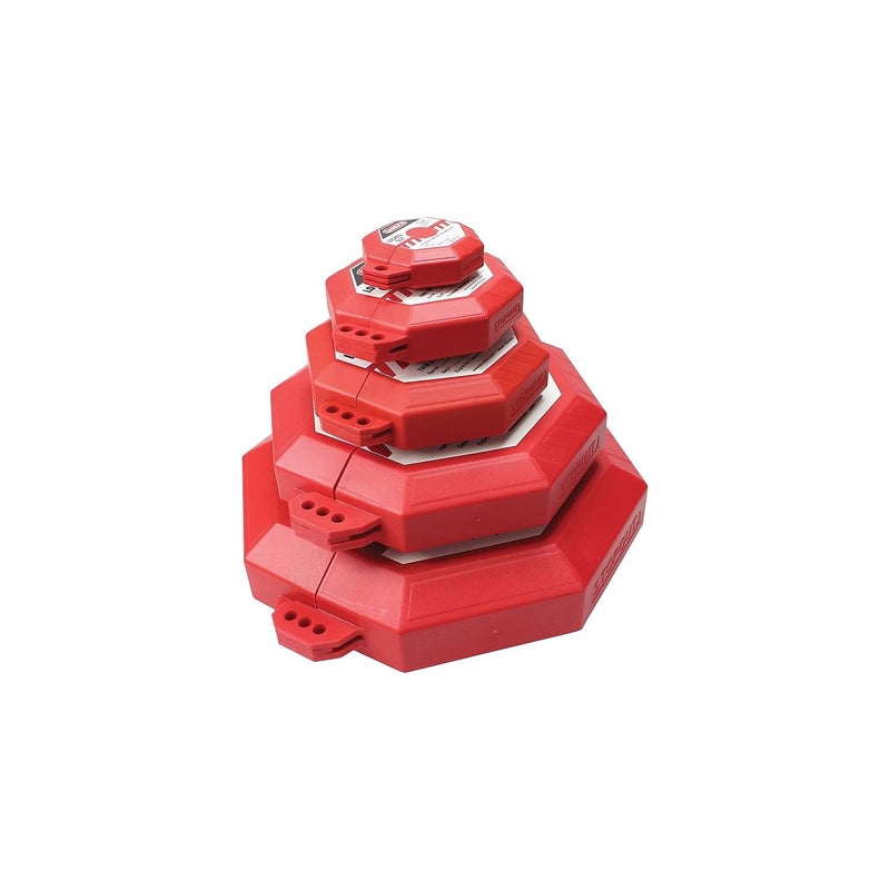 Accuform KDD470 STOPOUT Gate Valve Lockout, Fits Valve Handle Diameter 1" to 2-1/2", Hinged Plastic Clamshell Housing, Red